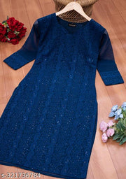 Latest Chikankari Kurti With Sequince Work & Daily Wear Or Office Wear Kurti (Navy Blue)