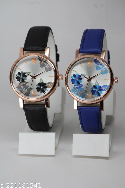 Attractive Flower Design Lather Belt  Analog Watches Combo For Girls & Women