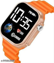 Black Ultra Led Square Dial Digital Watch Light Pink Siliconne Strap Boys & Grils (Orange)