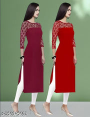 Polyster/Crepe fabric-Pack of 1 Casual And Round-Neck 3/4 Length Sleeves Maroon & Red Kurti (42"Inches)