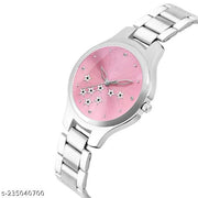 HRV Pink Star Dial Metal Silver Belt Girls watch