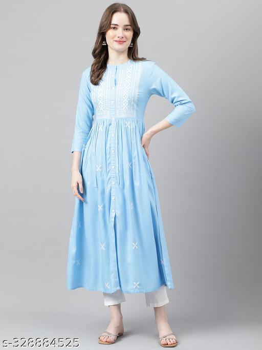 womens rayon printed embroidery kurta, long kurta, partywear kurta, festival kurta, trendy kurta, flared kurta, aline kurta, anarkali kurta