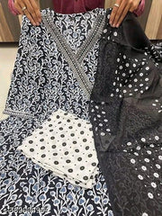 Black Premium Printed Designer Anarkali Embroidery Women Rayon Kurta With Pant And Cotton Dupatta
