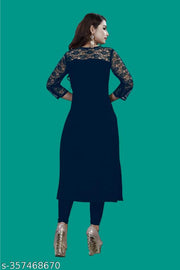 Casual American Crepe And Net Round-Neck 3/4 Length Sleeves Navy Blue Kurti (42"Inches)