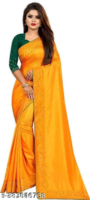 Raajshree Satin silk Yellow Mirror Work Saree With Blouse | yellow saree | yellow saree haldi | pili saree