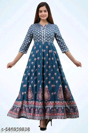 A Treading Beautiful Women Printed Blue anarkali kurti  Trendy Blue Floral Printed Rayon Flared Kurti – Perfect for Daily Wear, Three-Quarter Sleeves