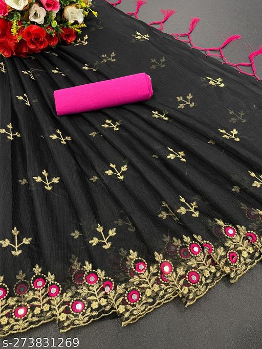 Elegant Women's Embroidered Saree with Lace Border, Mirror Work Design, Fancy Tassels and Matching Unstitched Blouse Fabric for Traditional and Ethnic Wear