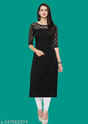 Casual American Crepe And Net Round-Neck 3/4 Length Sleeves Black Kurti (45"Inches)