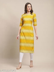 Casual American Crep Round Neck 3/4 Sleeves Geometric Printed Straight Yellow Kurti(45"Inches)