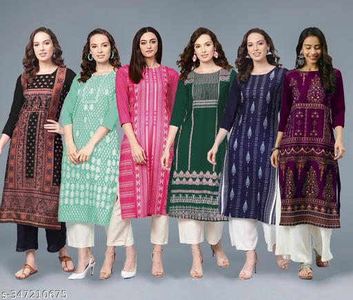 Printed Crepe Straight Festival Kurti Wear link Daily Wear Kurti (Combo Pack 6 Kurta )