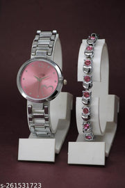Buy 1 Get 1 Free- Best Quality Ethnic Silver Metal Chain Belt Analog Watches for Women with Gorgeous Diamond Cosmic Bracelet for Girls