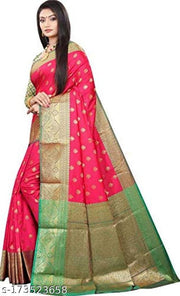 Pure Banarasi Silk Saree with Rich Zari Woven Border & Heavy Pallu | Premium Jacquard Weaving | Wedding, Festive & Party Wear Silk Saree | With Unstitched Blouse Piece & Latkans