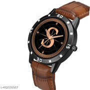 Natrix Analog Round Black Dial ALPHABET S Design Stylish Brown Leather Strap Classic Design Fancy Wrist Watch for Men and Boys, Pack of 1 - ALPHA-S-AVO-BLK-DBRW-CRL