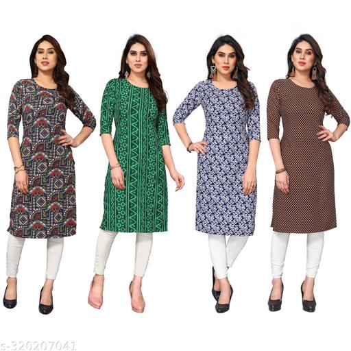 Women Printed Crepe Straight Kurti Combo of 4