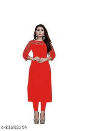 Premium American Crepe And Rasal Net Detail On Neck Red Long Kurti (45"Inches)