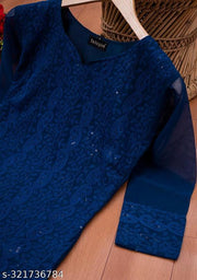 Latest Chikankari Kurti With Sequince Work & Daily Wear Or Office Wear Kurti (Navy Blue)
