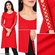 Kanchan World Women's Cotton Solid Long Kurti with Criss-Cross Cut-Out Sleeves | Casual Full Sleeve A-Line Kurta