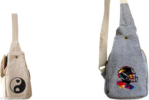 Grey Cotton Canvas Cricket Print Sling Bag for Men & Women | Adjustable Crossbody Shoulder Bag | Sports Theme Casual Travel College Office Side Bag with Zipper Pockets & Grey Color Design