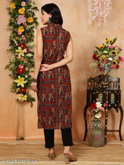 women printed straight sleeves kurta maroon