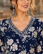 Women Rayon Printed V - Neck Straight  Kurti | Blue Straight Kurta For Women | Kurti For Women | Single Kurti For Women | Kurta For Jeans | Women Kurta | Kurta Under 299 | Kurti |Daily Wear Kurta
