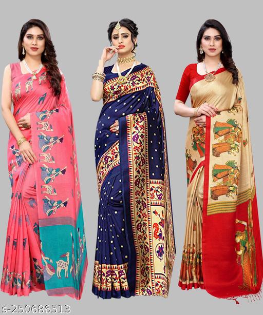 Women's Desinger Art Silk Printed Saree with Blouse Piece ( Pack of 3)