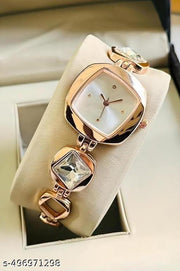 White Square Dial White Diamond Rosegold Metal Analog Watch For Women and Girls