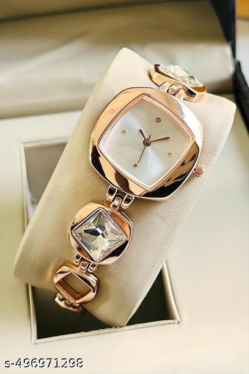 White Square Dial White Diamond Rosegold Metal Analog Watch For Women and Girls