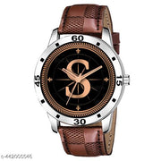 Talgo Analog Round Black Dial ALPHABET S Design Stylish Brown Leather Strap Classic Design Fancy Wrist Watch for Men and Boys, Pack of 1 - ALPHA-S-AVO-SIL-BRW-CHL