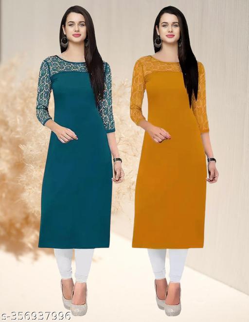 Pack of 1 Casual American Crepe And Net Round-Neck 3/4 Length Sleeves Rama & Yellow Kurti (42"Inches)