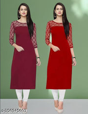 Polyster/Crepe fabric-Pack of 1 Casual And Round-Neck 3/4 Length Sleeves Maroon & Red Kurti (42"Inches)