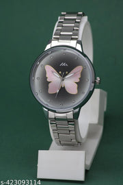 Trendy Ethnic Embossed Fly Designer Shiny Silver Round Case Dial Gorgeous Slim Fit Stainless Steel Chain Analog Watch for Women for Girls.