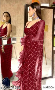 Net Fabric Sequence Work Ruffle Design Saree With Unstitch Blouse