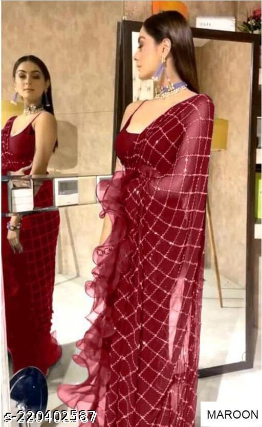 Net Fabric Sequence Work Ruffle Design Saree With Unstitch Blouse