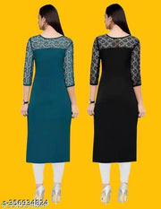 Polyster/Crepe fabric-Pack of 1 Casual And Round-Neck 3/4 Length Sleeves Rama & Black Kurti (42"Inches)