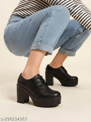STRASSE PARIS | Women's Black Synthetic Low-Cut Lace-Up Platform Chunky Block Heel Boots | Below The Ankle Casual & Party Wear Boots for Girls