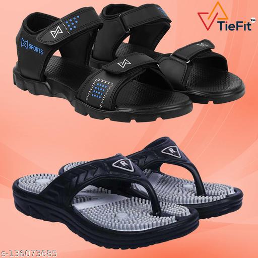 TieFit Men's Accupressure Non-Slip Slippers & Light Weight Sandal Combo Pair Of 2