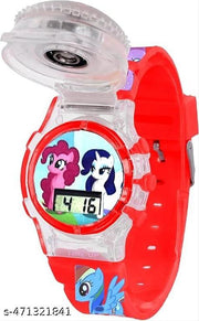 Digital Dial Glowing Light Cartoon Rotating Cap Cartoon Printed Strap Colorful Kids Watch for Girls & Boys