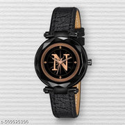 Atix ALPHABET "N" Trendy Analog Wrist Watch for Women & Girls - New Arrival with Classic Black Dial and Black Leather Strap| Pack of 1 | ALPHA-N-GEN-BK-BLK-CUTL