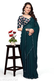 GRIFEZ WOMEN'S FANCY GEORGETTE SILVER PANKHUDI SAREE