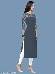 Casual American Crepe And Rasal Net Round Neck And 3/4 Sleeves Stylish Kurti For Womans