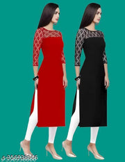 Polyster/Crepe fabric-Pack of 1 Casual And Round-Neck 3/4 Length Sleeves Red & Black Kurti (42"Inches)