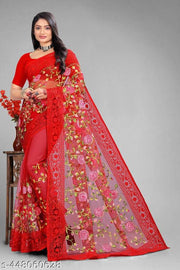 Designer Embroidered Net Saree with Unstitched Blouse Piece | Heavy Thread Work Party Wear Saree