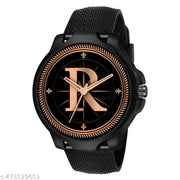 Prathshya Analog Round Black Dial ALPHABET R Design Stylish Black PUn Strap Classic Design Fancy Wrist Watch for Men and Boys, Pack of 1 - ALPHA-R-3K-BLK-SFR