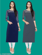 Pack of 1 Casual American Crepe And Net Round-Neck 3/4 Length Sleeves Navy Blue & Grey Kurti (42"Inches)
