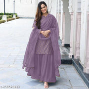 TRENDY DESIGN ATTRACTIVE LOOK PURE COTTON KURTI SHARARA SET WITH NET DUPATTA