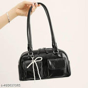 Black Double Pocket Decor Shoulder Bucket Bag With Pearl Keychain For Women