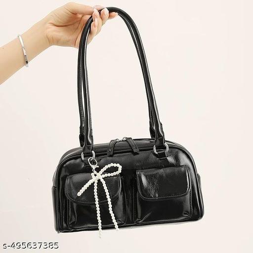 Black Double Pocket Decor Shoulder Bucket Bag With Pearl Keychain For Women