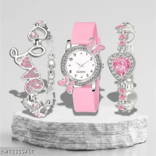 NEW ATTRACTIVE MULTICOLOR BF DESIGN WATCH & 2 BRACELET COMBO FOR GIRLS & WOMEN