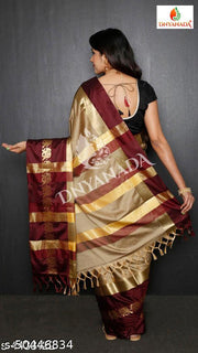 Rajawadi Elegant Elephant Design Cotton Silk Saree With Running Blouse Piece (Chiku & Brown)