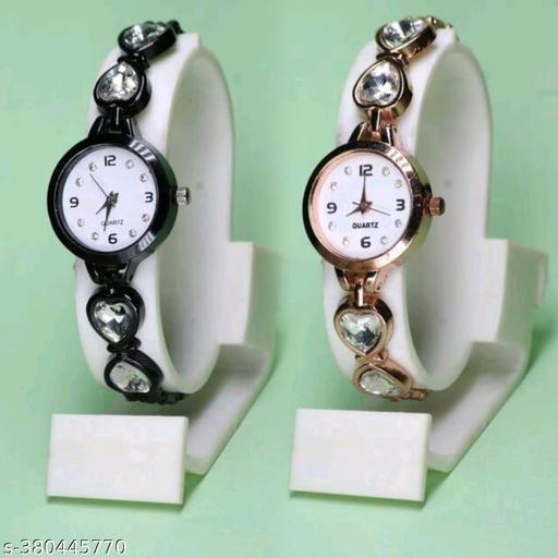 New Ethnic Solid Black Rosegold Metal Belt Analog Watches Combo for Women